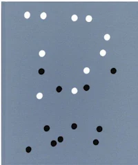 a black and white painting with dots on a blue background